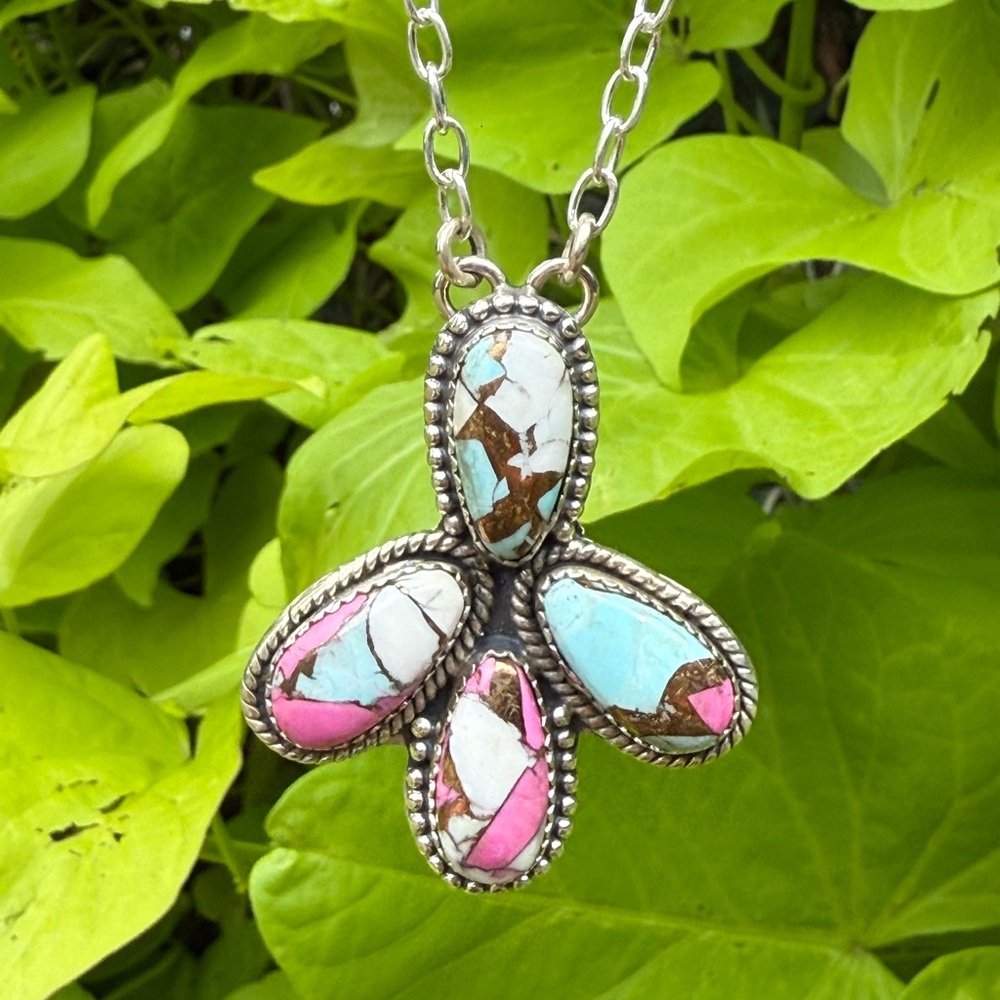 Cotton Candy Sterling Silver Pendant Necklace with Pink and Blue Stones